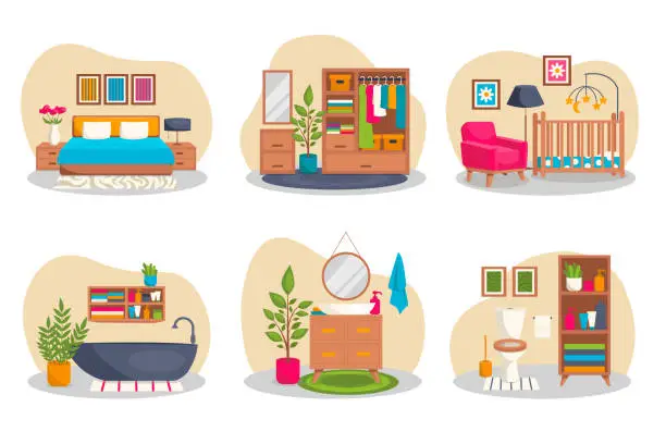 Vector illustration of Set of house interior illustrations. Bathroom illustrations and bedroom illustrations.
