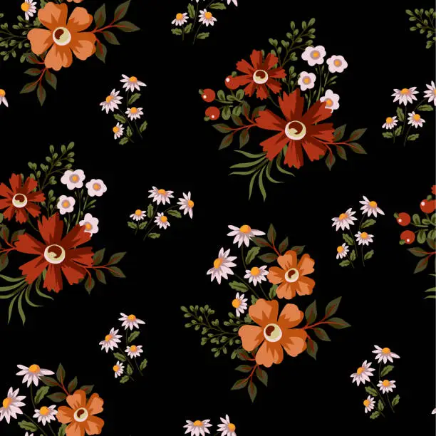 Vector illustration of Ditsy seamless pattern with simple small flowers. Vector.