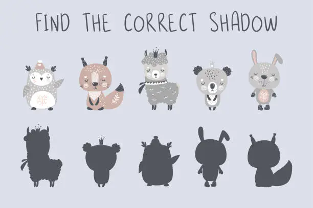 Vector illustration of \Find correct shadow. Kids educational game. Forest animals. Owl, koala, lama, rabbit and squirrel. Cute wildlife in scandinavian style. Logic game, workpage template.