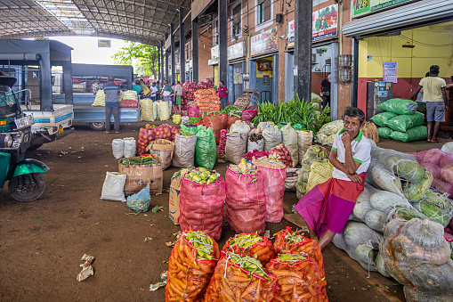 Dambulla, Central Province, Sri Lanka - March 1th 2023:  View down one of the aisles of the largest farmer's market in Sri Lanka