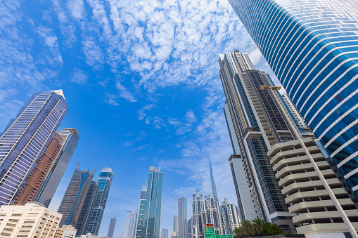 UAE, Dubai downtown financial skyline and business shopping center near Dubai Mall.