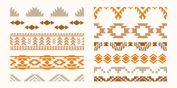 ilustraciones, imágenes clip art, dibujos animados e iconos de stock de conjunto de bordes sin costuras aztecas del suroeste, navajo decorative stokes - southwest usa frame mexican culture pattern