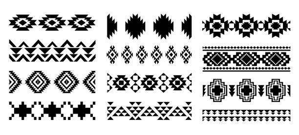 ilustraciones, imágenes clip art, dibujos animados e iconos de stock de southwestern aztec seamless borders navajo decorative stokes element collection - southwest usa frame mexican culture pattern