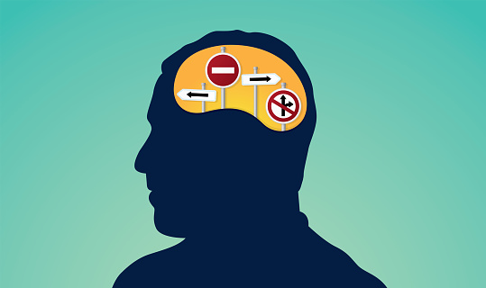 A man is trying to make a decision and he has traffic signs all over his head. Decisions theme vector illustration.