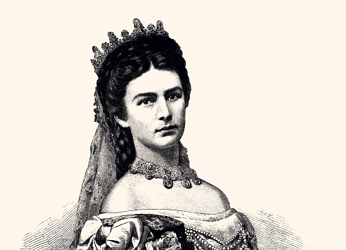 Empress Elisabeth of Austria. Vintage engraving circa late 19th century. Digital restoration by Pictore. Duchess Elisabeth in Bavaria (24 December 1837 – 10 September 1898), also spelled Sissi, was Empress of Austria and Queen of Hungary from her marriage to Emperor Franz Joseph I on 24 April 1854.