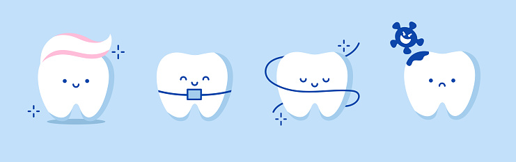 Set of cute tooth characters in flat style. Illustration for children. Dental and dentistry concept. Tooth with toothpaste in the form of a hairstyle. Dental floss and treatment with braces