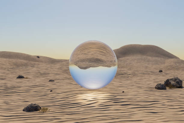 istock single glas sphere ball hovering in the air in large empty desert environment; abstract surreal concept; 3D Illustration 1485476606