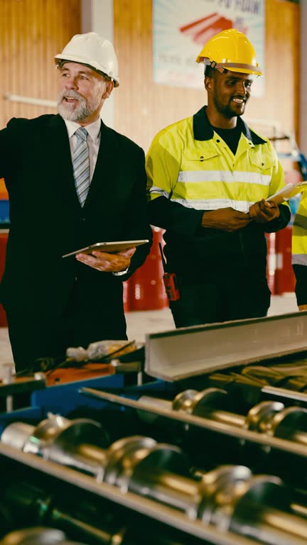 A group of manufacturing workers inspecting items