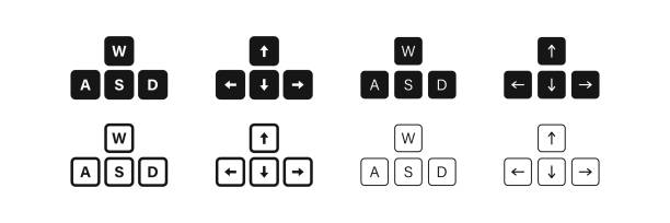 pfeilrichtungssymbol. wasd-symbol. schlüsselschilder für links, rechts, oben und unten. symbole für computerschaltflächen. richtung w, a, s, d symbole. schwarze farbe. vektorzeichen. - d key stock-grafiken, -clipart, -cartoons und -symbole