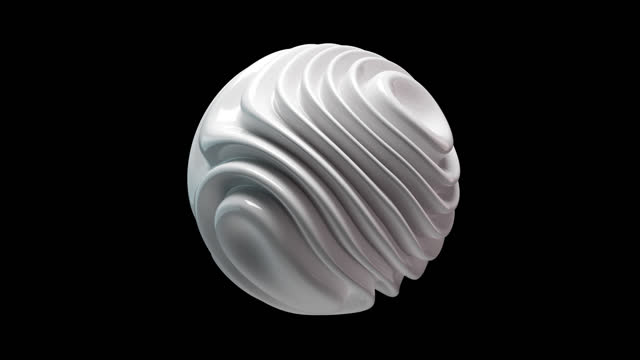 White rotating sphere with liquid rippled surface on black background. Abstract concept of big data, artificial intelligence or digital sound wave.