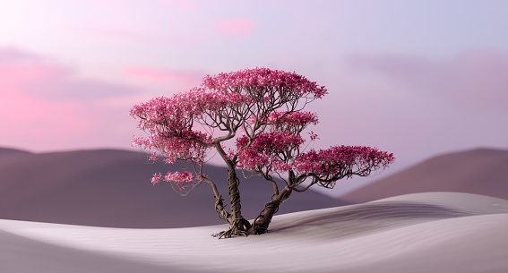 Pink tree in desert, serene scene, abstract, pink sky