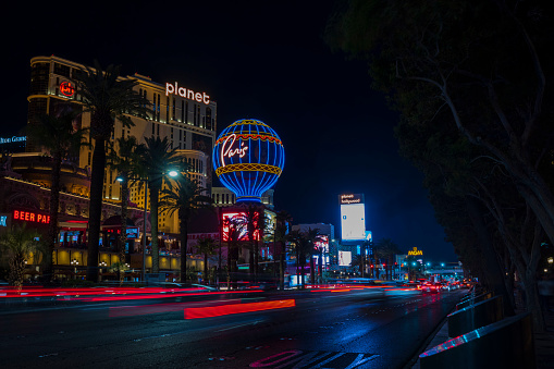 Night view of the Broadwalk along the Downtown Atlantic City's waterfront, New Jersey, USA. Extra-large high-resolution aerial stitched panorama.