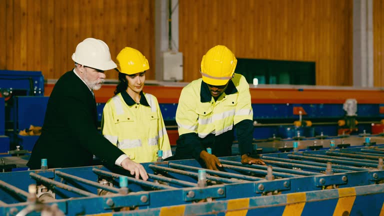 Group of workers inspecting goods in a factory