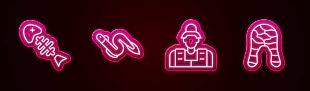 istock Set line Fish skeleton, Eel fish, Fisherman and steak. Glowing neon icon. Vector 1485482712
