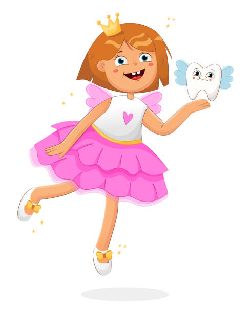 śliczna mała zębata wróżka z koroną. wesoła wróżka z bajki postać z kreskówki. ilustracja wektorowa do druku, plakatu - toothfairy stock illustrations