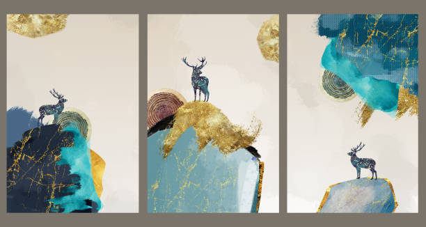 istock 3d artwork frames for home wall decoration. Colored marble with deer, and mountains in a light backgrounds 1485487437