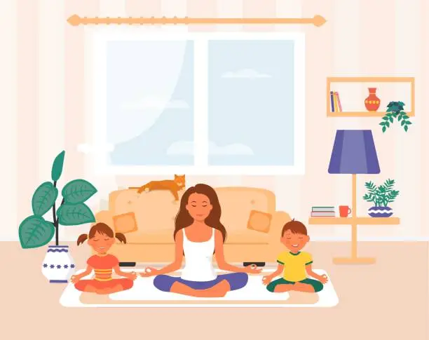 Vector illustration of Young mother and daughter et son do yoga, relieve negative emotions, relaxing at home. A happy family is meditating. Vector illustration