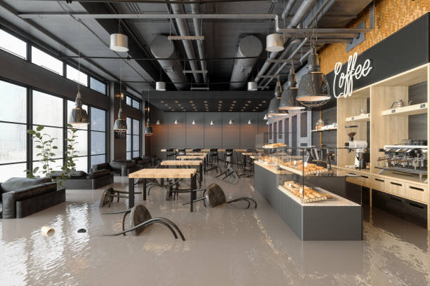 istock Flooded Cafe With Chairs Floating On Water 1485490944