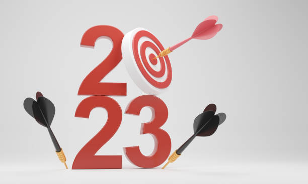 istock 3d 2023 number and dart arrow hitting on the  target 1485499558