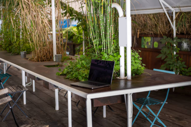 Green open space for coworking, freelancer, relaxation, coffee, food. Free place to work in nature. Remote nomad digital laptop on the table. Outdoor table with laptop. Concept of sustainability, innovation and environment. espacio verde abierto para coworking, autónomo, relajación, café, comida. lugar libre para trabajar en la naturaleza. portátil digital nómada remoto sobre la mesa. mesa exterior con ordenador portátil. concepto de sostenibilidad, innovación y medio