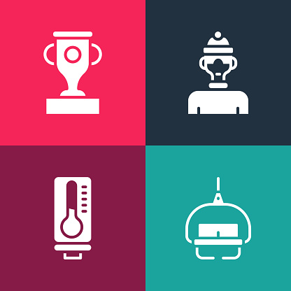 Set pop art Ski lift, Meteorology thermometer, Winter athlete and Award cup icon. Vector.