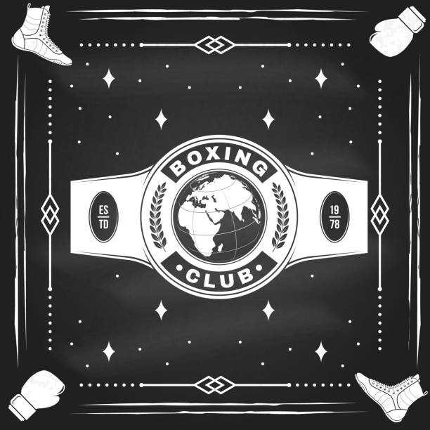 Boxing club badge,  design on chalkboard. Vector illustration. For Boxing sport club emblem, sign, patch, shirt, template. Vintage monochrome label, sticker with champion belt Silhouette. Boxing club badge,  design on chalkboard. Vector illustration. For Boxing sport club emblem, sign, patch, shirt, template. Vintage monochrome label, sticker with champion belt Silhouette wrestling logo stock illustrations