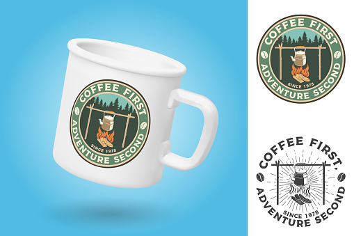 White camping cup. Realistic mug mockup template with sample design. Coffee first, adventure second, patch or sticker. Vector. Vintage typography design with camping kettle and sunburst silhouette. Camping quote.
