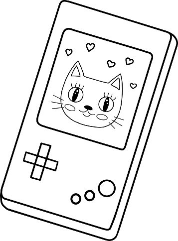 Portable game player. Old portable console games. Retro gaming gadget of the 90s. portable classic console game panel with a flat vector illustration design with a cat on the screen.