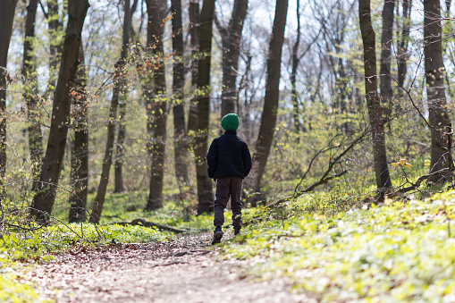 Young Boy in black jacket and hat in the forest. Krakow. Poland