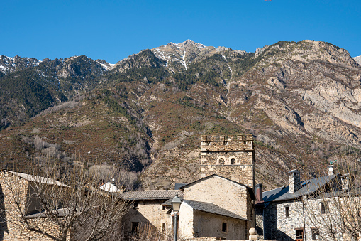 Benasque Huesca Aragon Spain   medieval architecture  in the old village.Medieval tower.