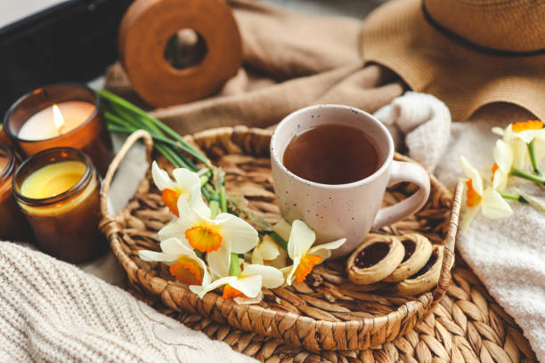 istock Cup of hot tea and spring home interior. good morning concept 1485514059