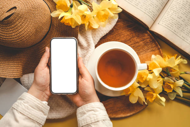 istock Hands with phone with isolated screen on background of spring composition 1485514765
