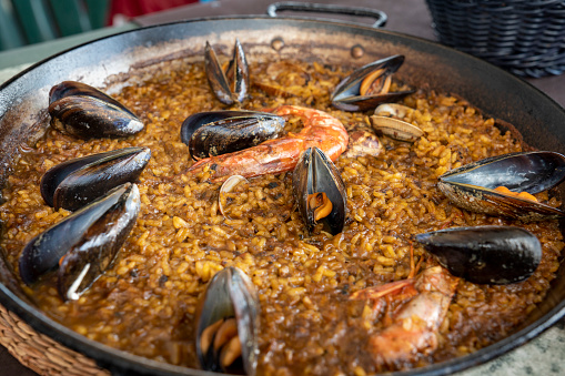 Seafood paella with shrimps and mussels Spain