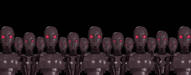 God-like AI, superintelligent artificial intelligence that learns and develops autonomously. The ai godlike could destroy or pose a threat to human race, and go beyond humans control. A robot army with red eyes.
