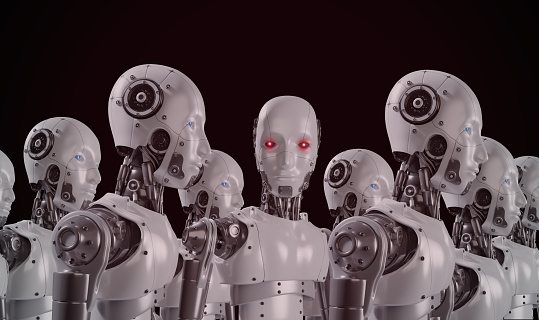 God-like AI, superintelligent artificial intelligence that learns and develops autonomously. Ai godlike could be a threat and destroy human race. A robot with red eyes turns and looks at you.