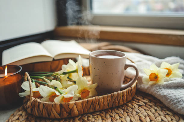 istock Cup of hot tea and spring home interior. good morning concept 1485516417
