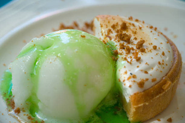 Homemade matcha green tea ice cream and lemon tart for dessert