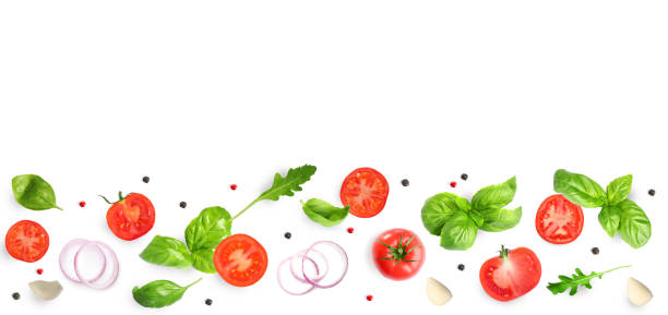 istock Fresh ripe tomatoes with garlic, onion, basil, arugula and peppercorns on white background, top view. Banner design 1485520121