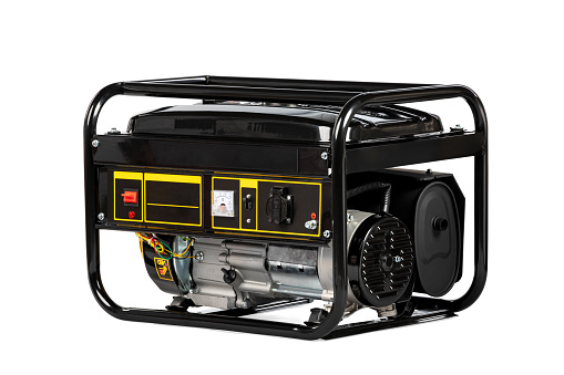 Portable black electric generator isolated on white for backup energy