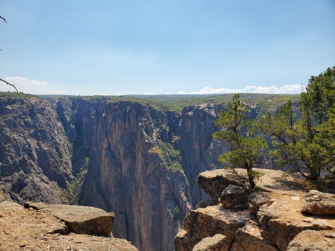 This is a photograph taken on a mobile phone outdoors of the cliff’s edge along the south rim of Black Canyon of the Gunnison National Park in summer of 2020 in, Colorado USA.