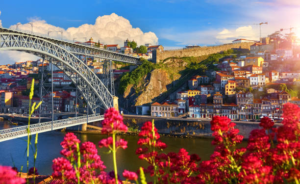 Porto, Portugal. View at Ponte de Dom Luis bridge river stock photo