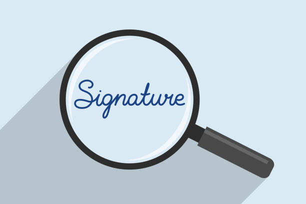 Magnifying glass and signature, concept of document signing - ilustração de arte vetorial