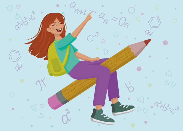 A student is sitting on a pencil rocket. It can be used for a web banner, a mobile application, and images of heroes. Flat vector illustration on a white background. A student is sitting on a pencil rocket. It can be used for a web banner, a mobile application, and images of heroes. Flat vector illustration on a white background. start point stock illustrations