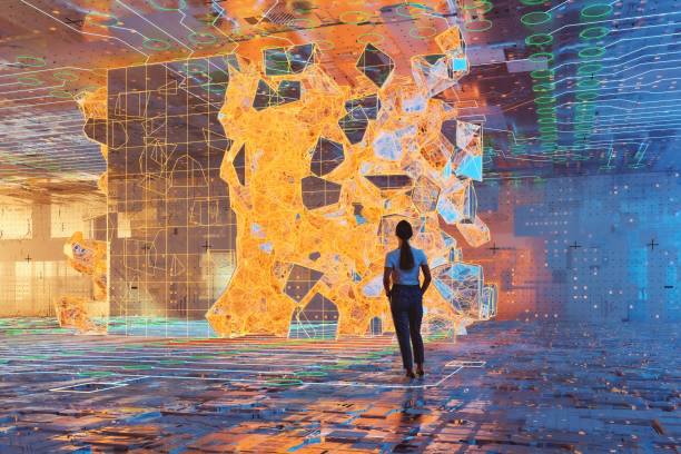 Abstract image of young woman standing in VR environment