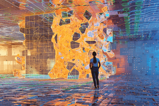 Abstract image of young woman standing in VR environment. 3D generated image.