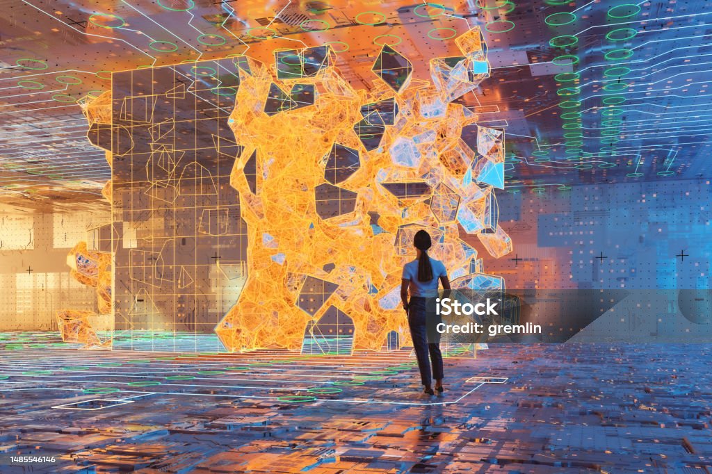 Abstract image of young woman standing in VR environment Abstract image of young woman standing in VR environment. 3D generated image. Artificial Intelligence Stock Photo