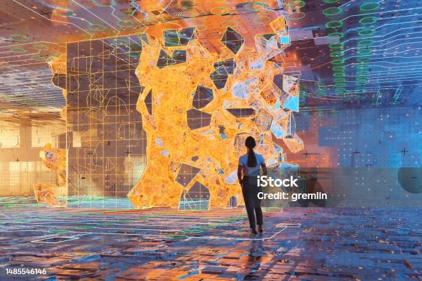 Abstract Image Of Young Woman Standing In Vr Environment Stock Photo - Download Image Now
