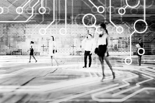 Abstract image of business people walking in VR environment. 3D generated image.