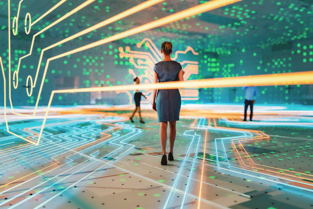 istock Abstract image of business people walking in VR environment 1485546281