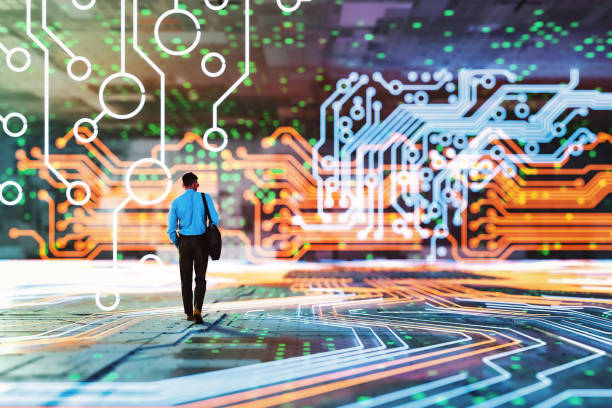 istock Abstract image of businessman walking in VR environment 1485546309